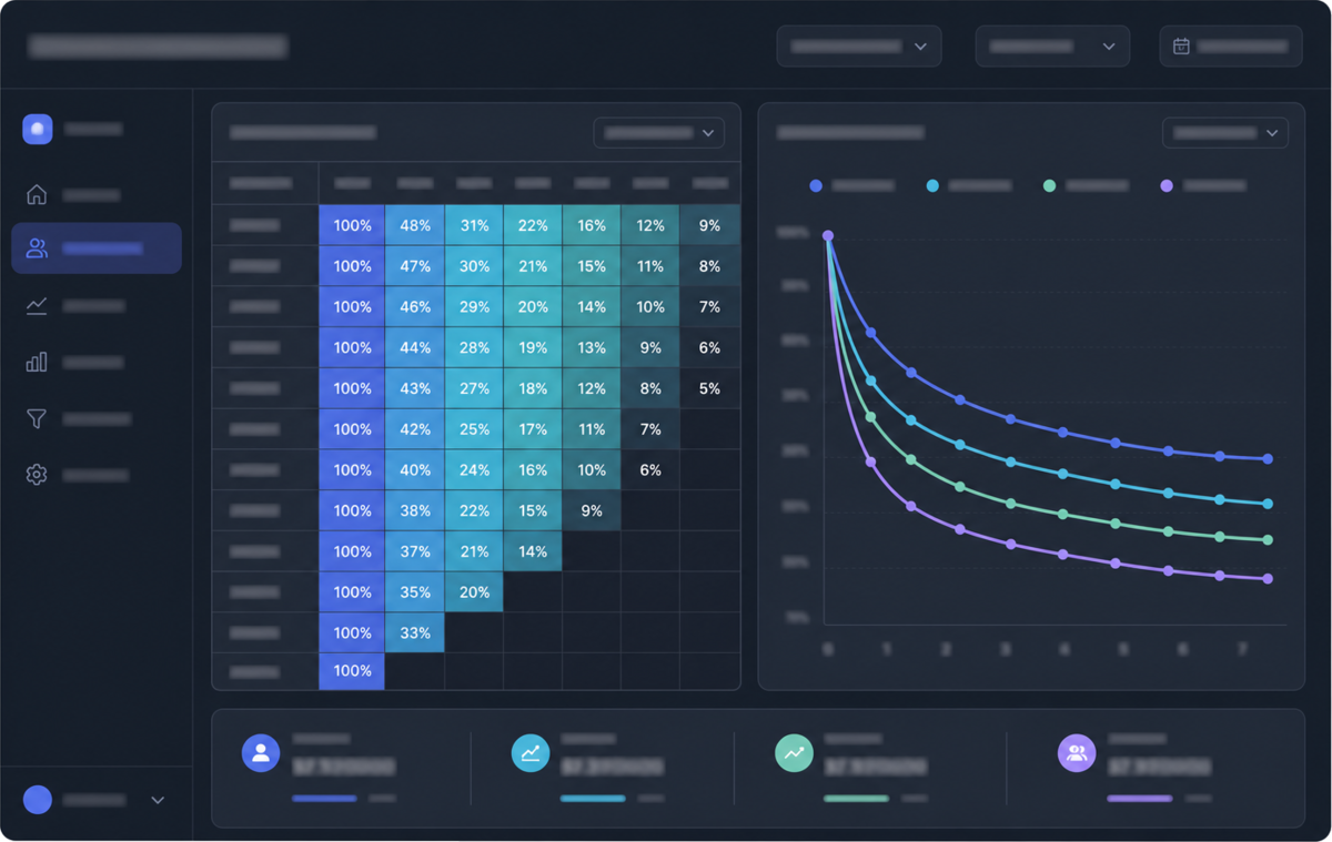 Find the day-eight retention cliff — Illustrative interface concept — not a shipped product